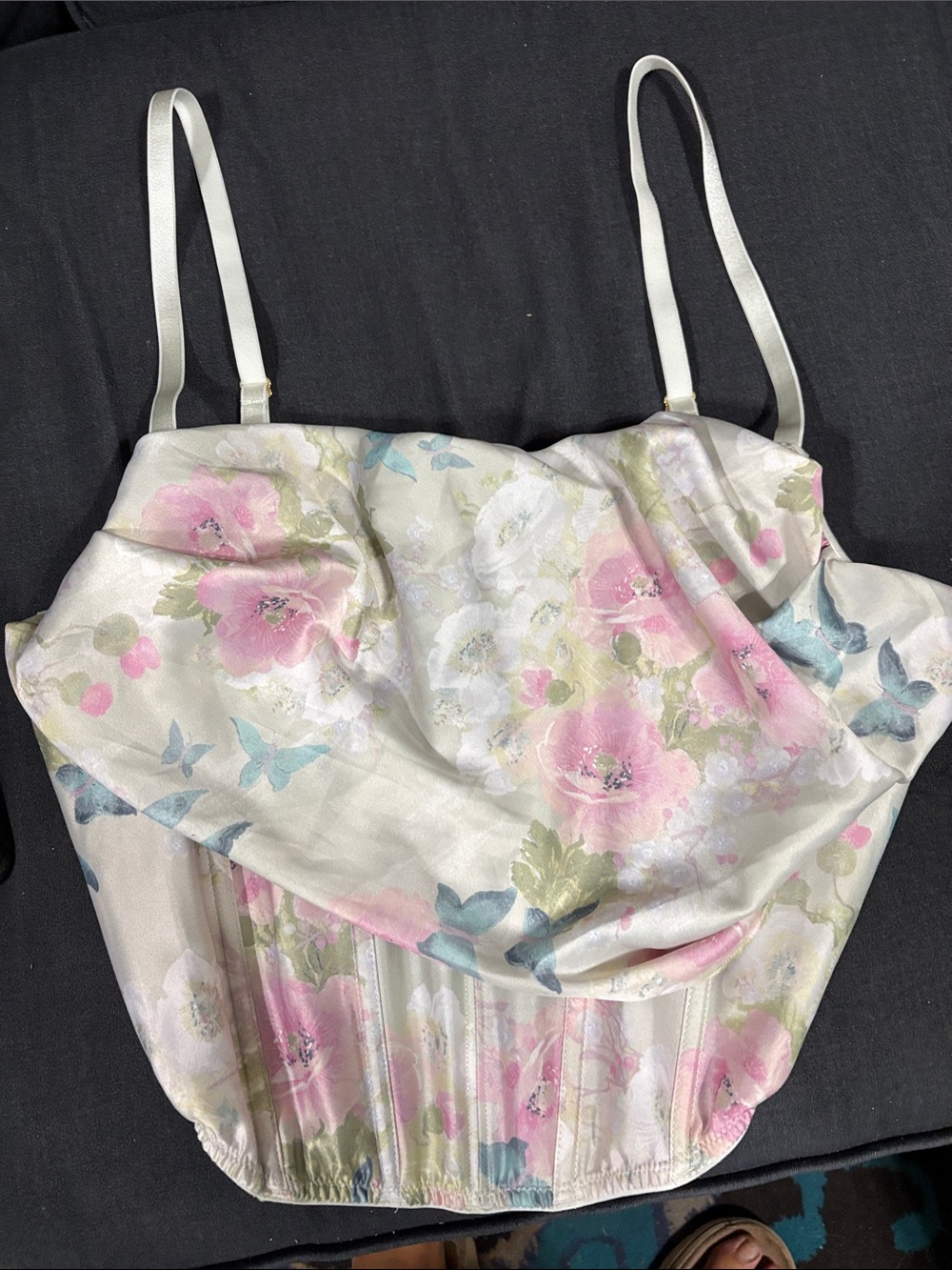 Victoria's Secret White Floral Satin Corset with Pink and Blue Accents